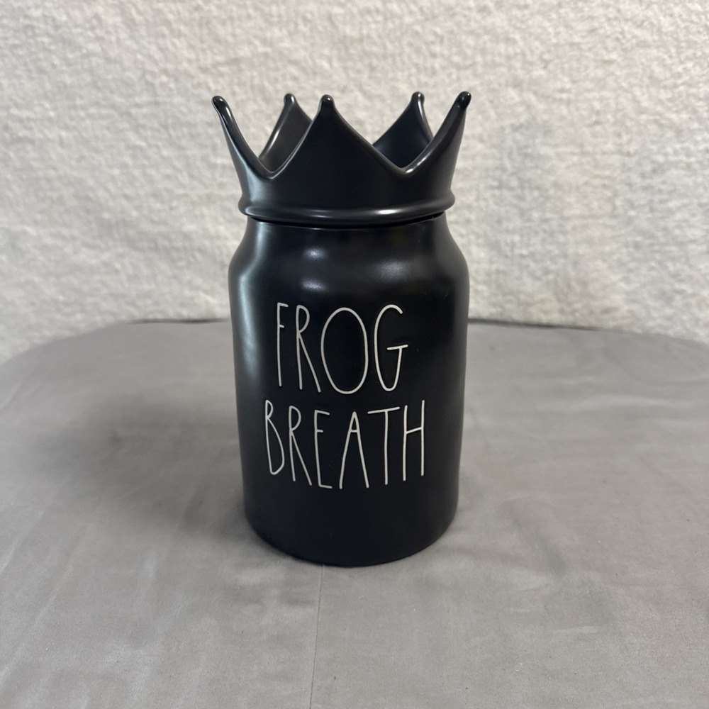 Rae Dunn Halloween "Frog Breath" Canister (2022) – Black Lid & Crown